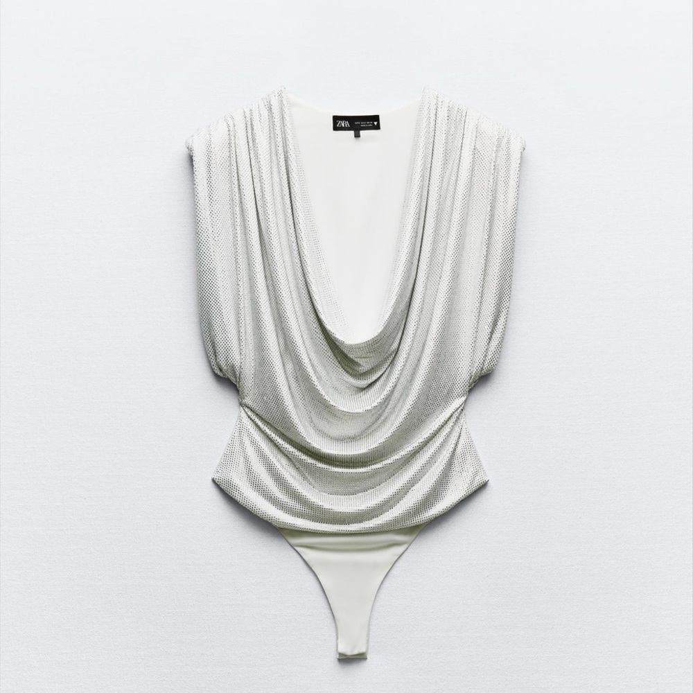 NWT ZARA rhinestone jewel shoulder pad bodysuit xs